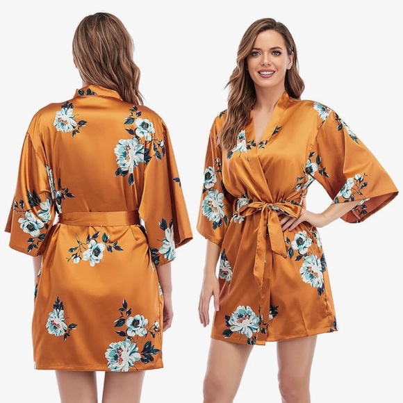 Escalier Satin Pajamas Sets 2Pcs Floral Silky Pj Robe with Chemise Nightgown - Picture 6 of 6